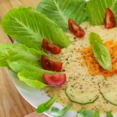 Ananas - æble - suppe med gulerødder på romaine salat